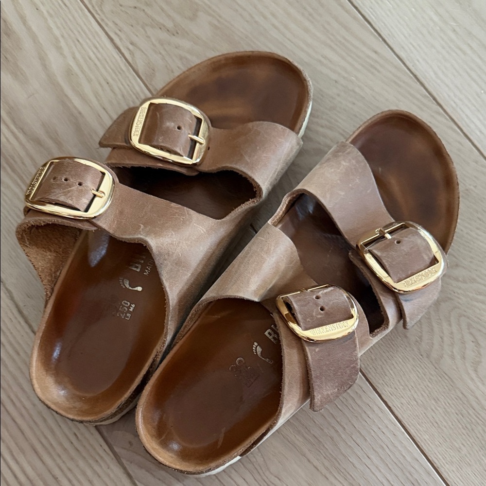 Birkenstock Arizona Brown Leather Double-Buckle Slide Sandals
